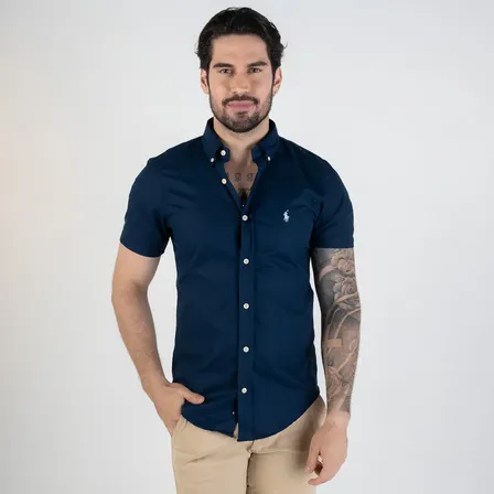 Camisa Ralph Lauren Oxford Masculina Slim Manga Curta