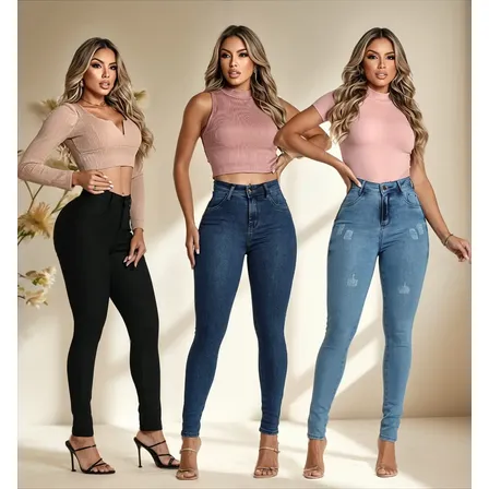 Kit 3 Calças Skinny Jeans Feminina Cintura Alta Com Elastano