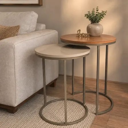 Duo Lateral De Mesas Auxiliar Champanhe Com Mdf Off White