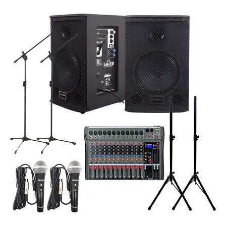 Kit Caixa 8 225w 2 Microfones Pedestais Mesa 12 Canais Blu