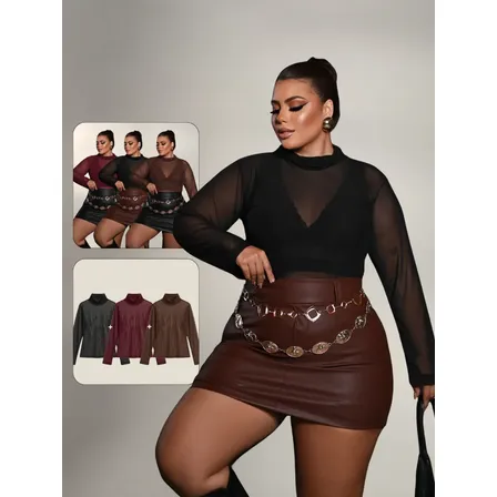 Blusa Plus Size Em Tule Premium Gola Alta Manga Longa