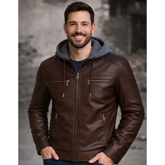 Jaqueta De Couro Masculina Preta Marrom Motoqueiro Com Capuz