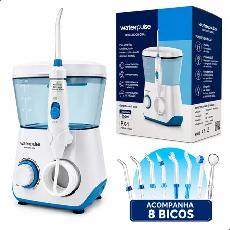 Waterpulse Flosser Irrigador Oral Dental WP62- Elétrico Bocal Jato Limpador De Língua Água Dentes Boca Gengiva Mangueira 10 Modos Pressão Potente Silencioso 145 PSI 600ml 8 Bicos