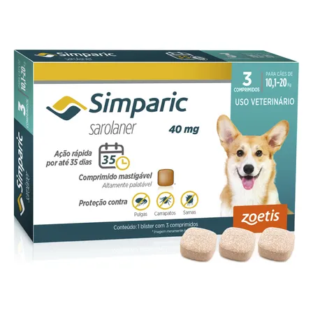 Simparic 40mg Antipulgas e Carrapatos Cães de 10,1 a 20kg com 3 Comprimidos