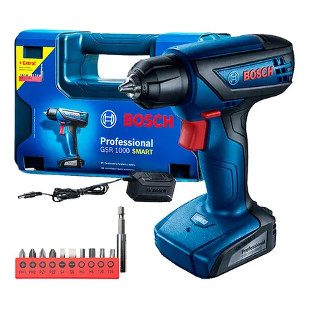 Furadeira Parafusadeira Sem Fio De 6mm Bosch Gsr 1000 Smart Com Maleta 700rpm Azul 127/220v