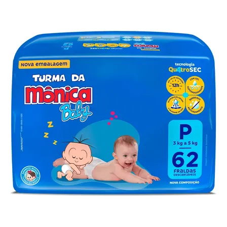 Fraldas Descartáveis Baby Qu4troSec Com 62 Unidades Tamanho P Turma da Mônica