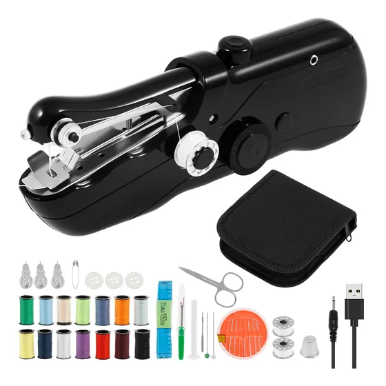 Mini Máquina De Costura Portátil Com Kit Completo Preto