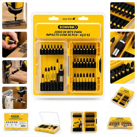 Kit Jogo Bits Impacto 36 Peças Parafusadeira Aço S2 C/estojo