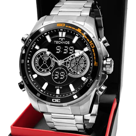 Relógio Technos Masculino Análogo-digital Aço Inoxidável 4.8cm 100m Prateado Preto