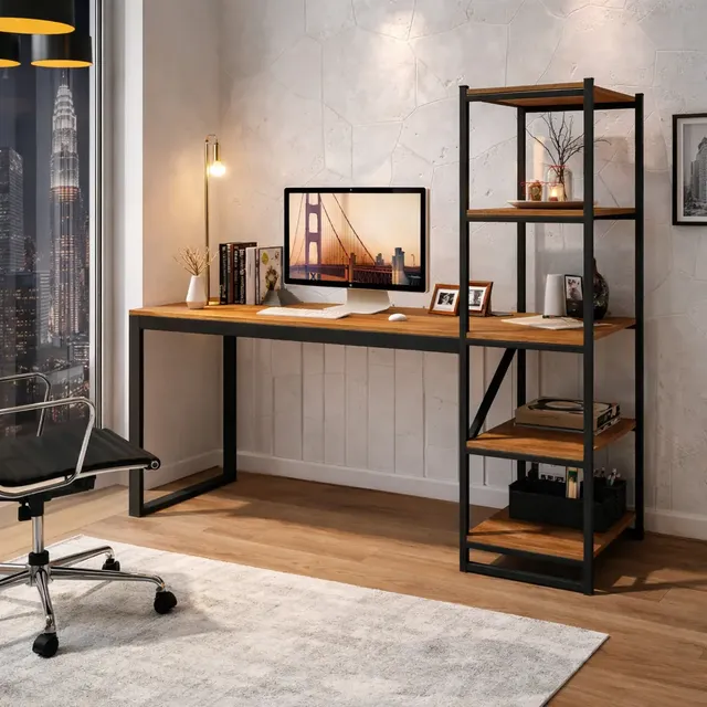 Escrivaninha Estudo Slim Industrial Canela Preto MDF