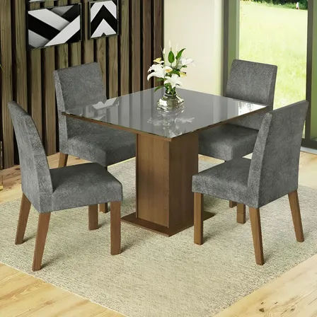 Sala Jantar Estofada Mesa Tampo Vidro 4 Cadeiras Madesa Anne Rcs Cor Rustic/cinza/silver Mdja040140f9sil Liso