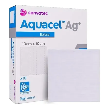 Curativo de Hidrofibra Aquacel Ag+ Extra Convatec 10x10cm, Antibacteriano