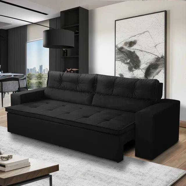 Sofá Retrátil Reclinável 3 Lugares C Molas 1,80m Vegas Suede Cor Preto
