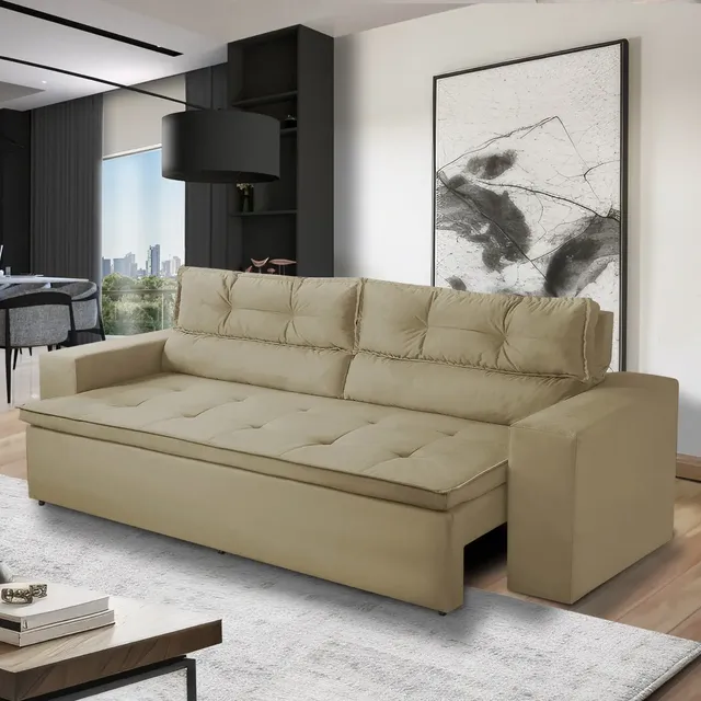 Sofá Retrátil Reclinável 3 Lugares C Molas 1,80m Vegas Suede Cor Bege