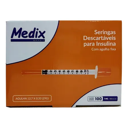 Seringa Descartável Insulina 1ml Com Agulha 29G Caixa 100 Medix