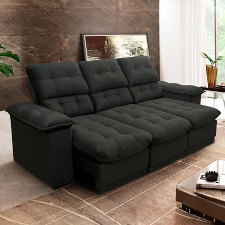 Sofá Retrátil Reclinável Atenas 2,30m Suede Velut Preto