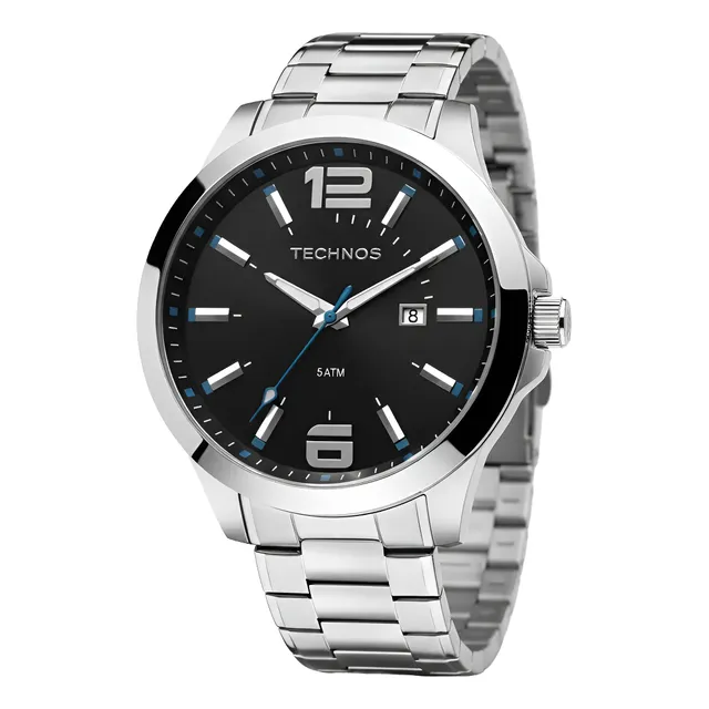 Relógio Masculino Technos De Aço Inoxidável Prata, 45mm, Com Calendário Preta Com Azul