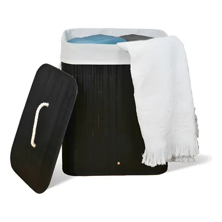 Cesto De Roupa Suja De Bambu Com Tampa E Alças 50 Litros Preto