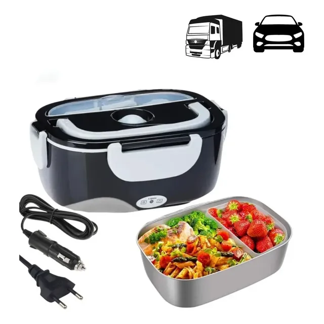 Marmita Elétrica Preta Bivolt Portátil Doméstica Veicular 12/24v Lancheira 1.5l Com Divisórias Esquenta Rápido Preto