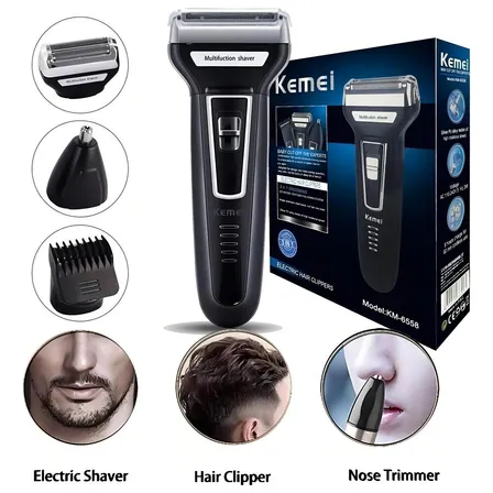 Barbeador Aparador Cortador Kemei 3 Em 1 Km-6558 Recarregável Preto 127/220v