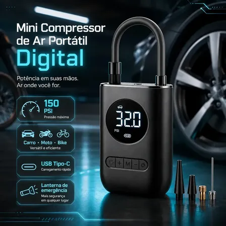 Bomba de Ar Elétrica Portátil B&G Para Carro, Moto e Bicicleta Com Calibrador Digital LED