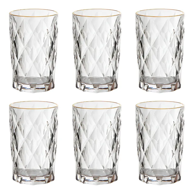 Jogo 6 Copos Altos Vidro 350ml Diamond Clear Borda Dourada Ke Home
