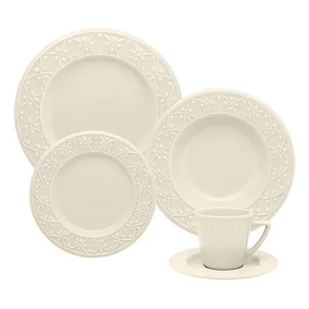 Aparelho De Jantar E Chá 30 Peças Mendi Marfim Oxford Cor Branco Off White Liso Com Textura