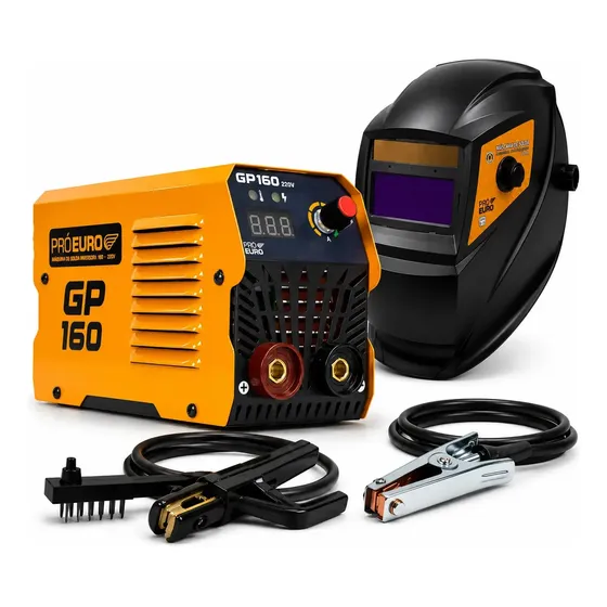 Kit Soldador Solda Inversora 160A 220V Aluminio TIG Eletrodo MMA com Máscara Automática Pró Euro Laranja/Preto