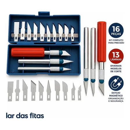 Kit Estojo Estilete Precisão Corte Bisturi Lar das Fitas Artesanato 13pçs