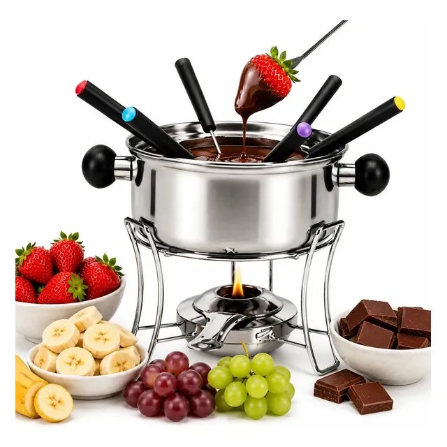 Kit Fondue Aço Inox 10 Peças Completo com Fogareiro e Garfos Casita Inverno