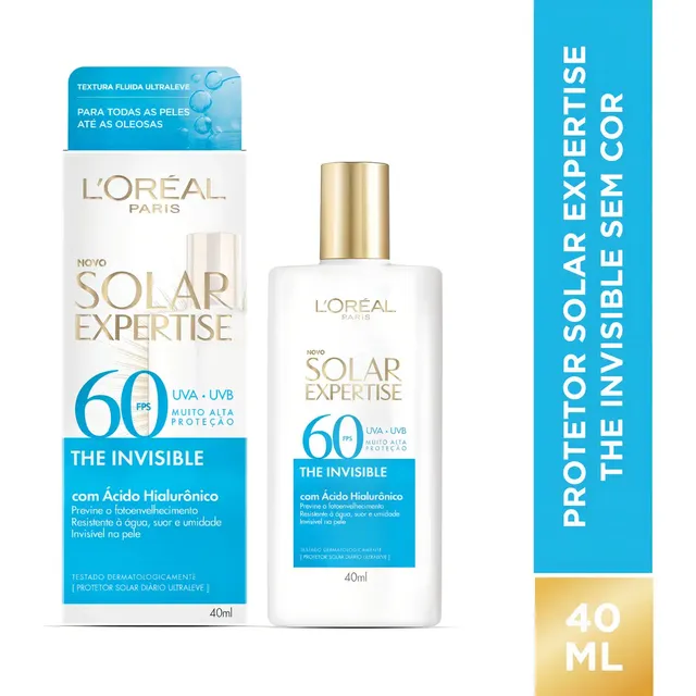 Protetor Solar Facial Fps 60 Antifotoenvelhecimento Com Ácido Hialurônico, Textura Leve E Resistente À Água, Sem Cor, Solar Expertise L'oréal Paris 40g