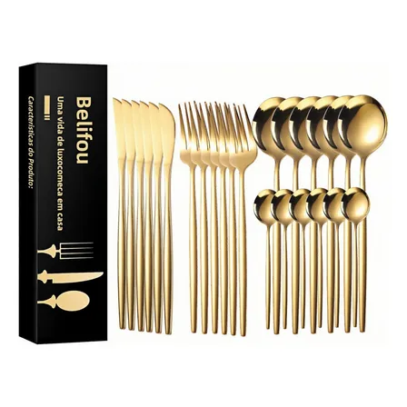 Belifou Kit 24 Peças Jogo De Talheres Dourados Aço Inoxidável 416 Cor Dourado