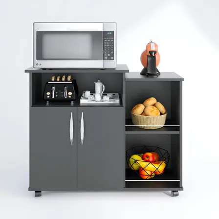 Armário Cozinha Ajl Preto Fruteira Com Rodas Porta Microondas 2 Portas Black