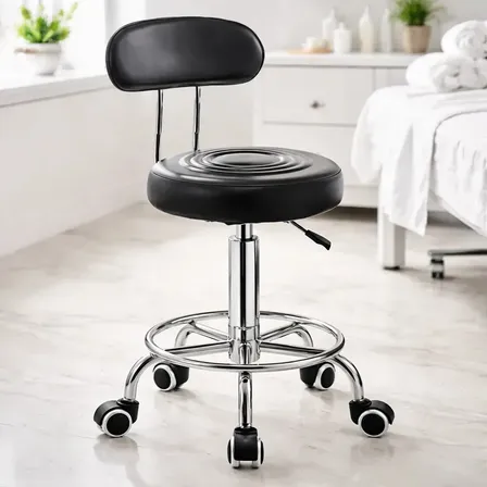 Mocho Estética Com Encosto, Aro Para Pés E Rodas Silicone Estrutura Cromado Assento Preto