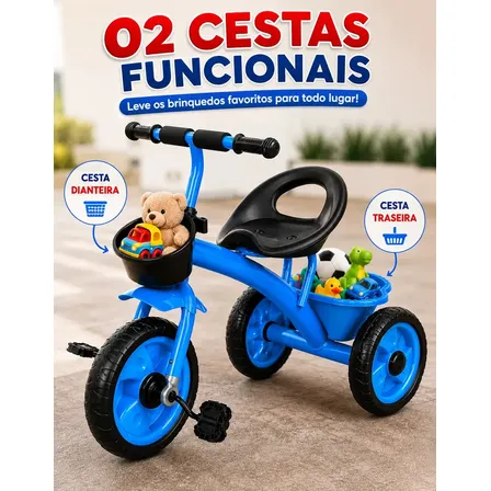 Motoquinha Menino Triciclo Azul Duas Cesta Banco Três Rodas