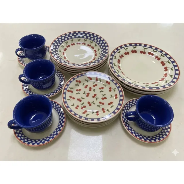 Aparelho De Jantar Cerâmica Biona Donna Jardim De Cerejas 20 Peças Branco Azul E Vermelho