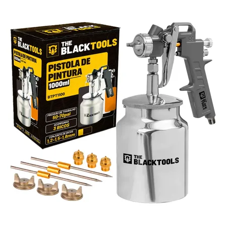 Pistola Pintura Sucção 1000ml 3 Bicos 1.2 1.5 1.8 BTPT1100 Profissional The Black Tools cor Prateado