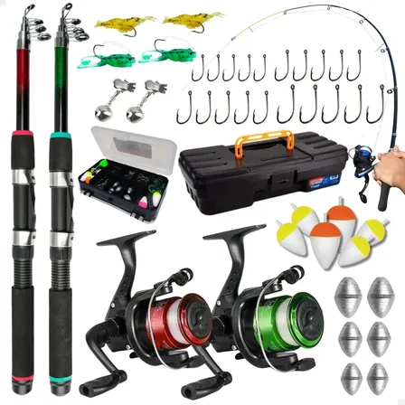 Pescamping Kit Pesca Completo 2 Varas Fibra De Vidro E 2 Molinetes Leve Com Linha Estojo E Maleta Com Acessórios - Tralha De Pescaria Sortida