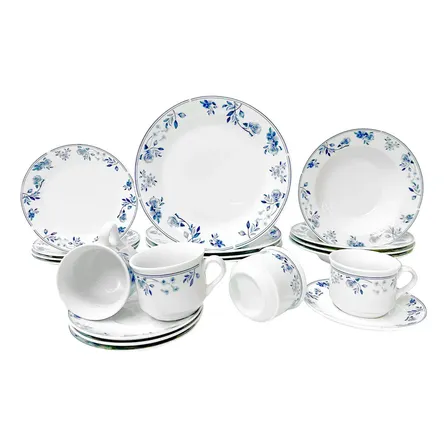 Jogo Aparelho De Jantar Mayara Em Porcelana 20 Peças Cor Branco E Azul Hauskraft Florido