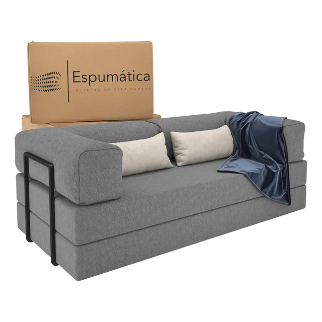 Sofá Cama Casal 2 Em 1 Puff Pufe Na Caixa Industrial Moderno Cor Cinza