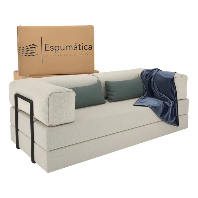 Puff Sofá Cama Cor Nude/bege Casal 2 Em 1 Na Caixa Industrial Pufe Moderno