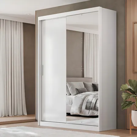 Guarda-roupa Com Maleiro Branco Com Espelho E 2 Portas Corrediças Demóbile