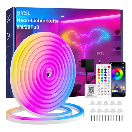 Fita LED Neon RGB de 6 m com Bluetooth e Controle, Sincronização com Música, À Prova D'Água IP65
