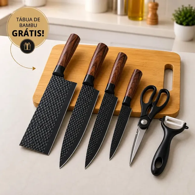 Jogo De Facas 6 Peças Conjunto Faca Inox Preto Amadeirado Para Cozinha Churrasco Presente + Tabua Brinde Aquattro