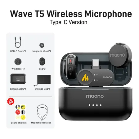 Kit De Microfones Lapela Sem Fio Maono Wave T5 Usb-c Wm650 Preto