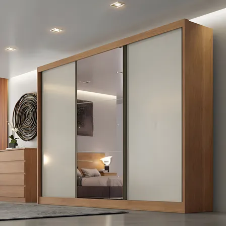 Guarda-roupa Casal Soberano 3 Portas Correr Espelho 6 Gavetas Mdf Horizonte Cumaru / Fendi