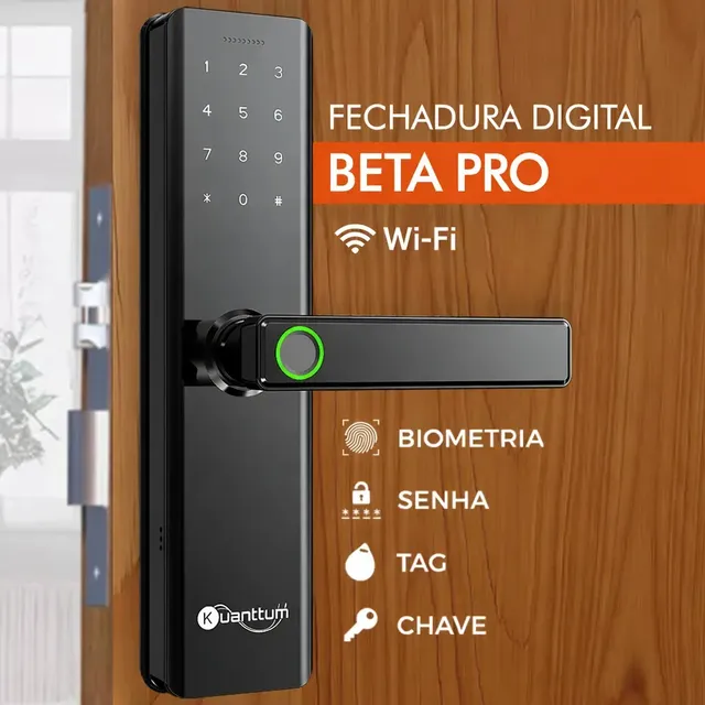 Fechadura Eletronica Digital Com Biometria Kuanttum Beta Pro Wifi Cor Preto