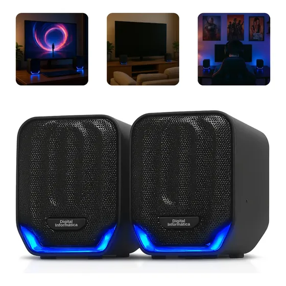 Caixa Caixinha De Som Com Iluminação Led Subwoofer 12w Potente Portátil Para Computador Pc Notebook Projetor Usb P2 Cor Preto/azul Digital Informática
