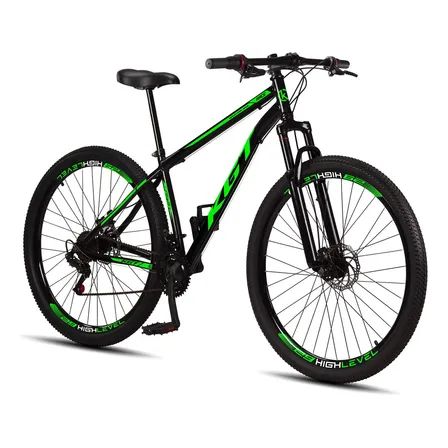 Bicicleta aro 29 KGT aço carbono freios a disco suspensão 21 marchas preta verde quadro 17