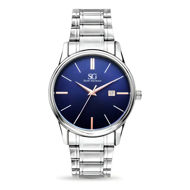 Relógio Masculino Clássico Pulseira Prata Correia Prateada Bisel Prateado Fundo Azul Marinho Saint Germain 42mm Elegante Detalhes Bronze